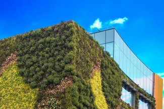 Green ecological facade of skyscraper covered in plants in capital London