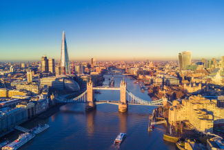 Aerial cityscape view of London, Tower Bridge and the River Thames