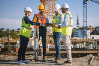 People on a construction site discussing plans