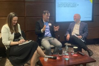 A photo of Great British Chair Juergen Maier in conversation with BusinessLDN Chief Executive John Dickie