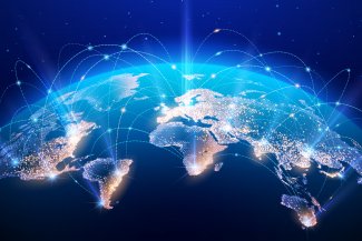 CGI image of the world with transport links represented 