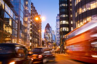 London street and the Gherkin at night