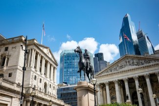 Skyward photo of the Bank of England and the Royal Exchange