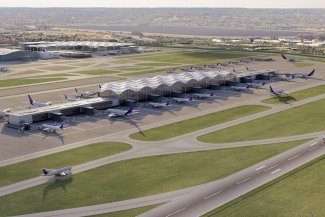 Depicts new terminal T5X North and the third runway 