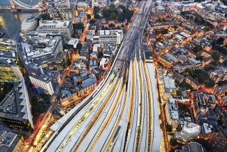 Aerial shot of railway and train station