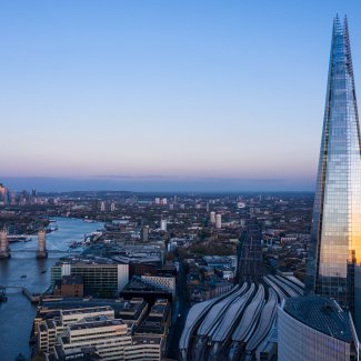 The Shard at dusk with London Bridge visible