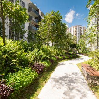 Walk way of modern residential buildings, Facade of new low-energy houses