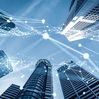 Modern buildings in blue tone with digital connection