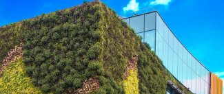 Green ecological facade of skyscraper covered in plants in capital London
